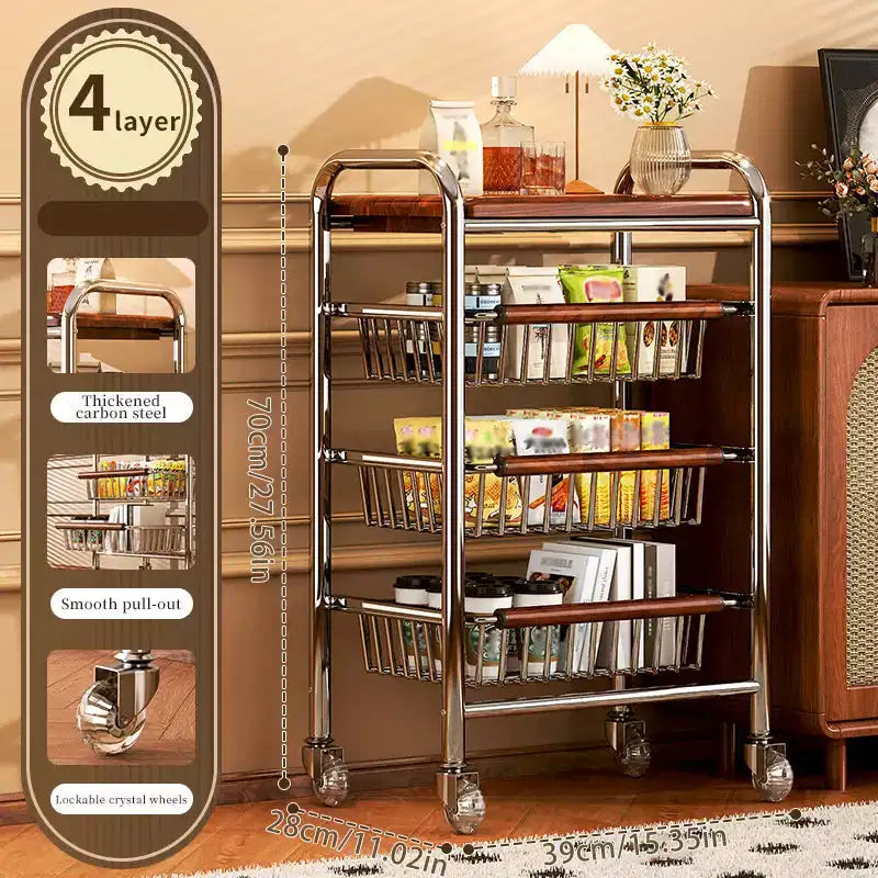 AEELLEEA Metal Rolling Kitchen Cart with Wire Baskets & Wheels, Multi-Purpose Movable Storage Trolley for Pantry, Coffee Bar, Bathroom, Office