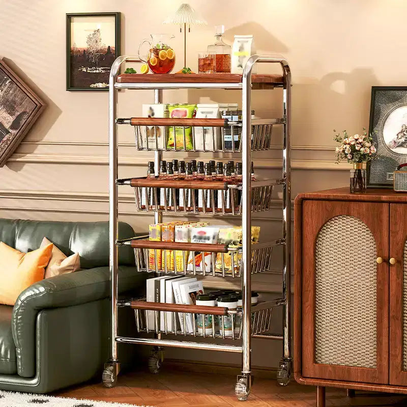 AEELLEEA Metal Rolling Kitchen Cart with Wire Baskets & Wheels, Multi-Purpose Movable Storage Trolley for Pantry, Coffee Bar, Bathroom, Office