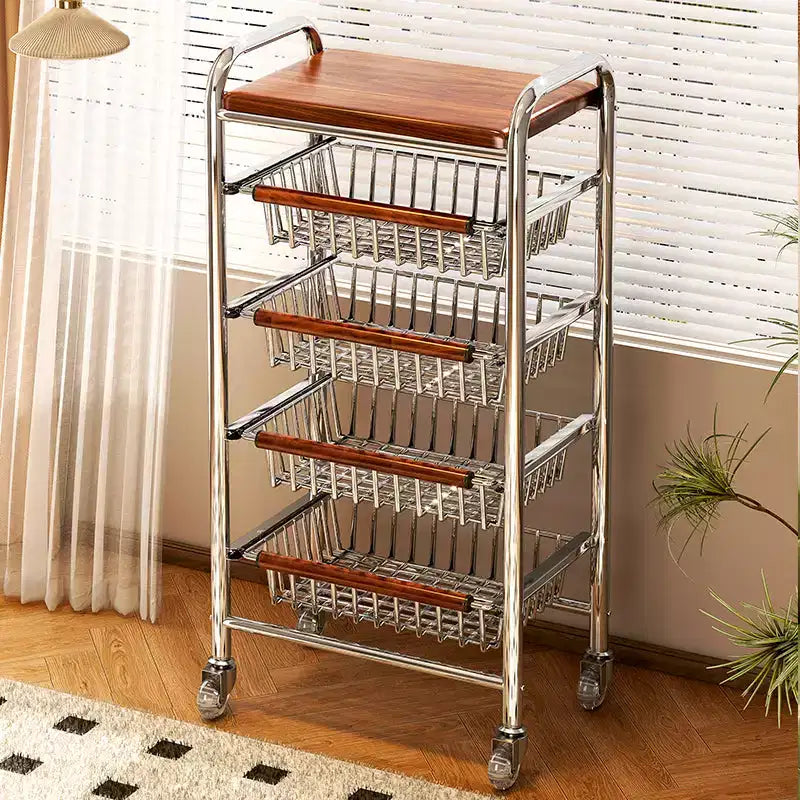 AEELLEEA Metal Rolling Kitchen Cart with Wire Baskets & Wheels, Multi-Purpose Movable Storage Trolley for Pantry, Coffee Bar, Bathroom, Office