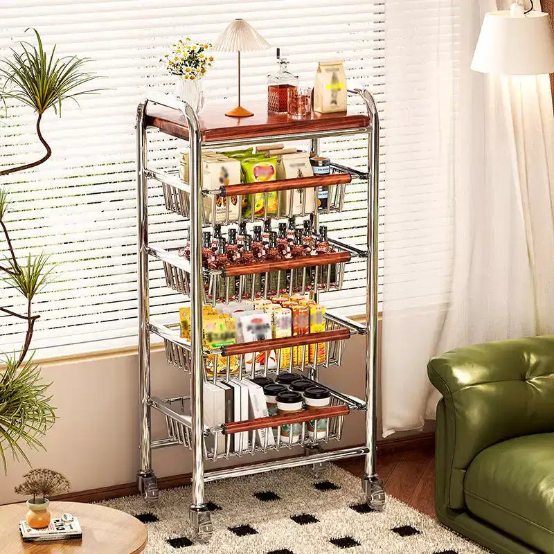 AEELLEEA Metal Rolling Kitchen Cart with Wire Baskets & Wheels, Multi-Purpose Movable Storage Trolley for Pantry, Coffee Bar, Bathroom, Office