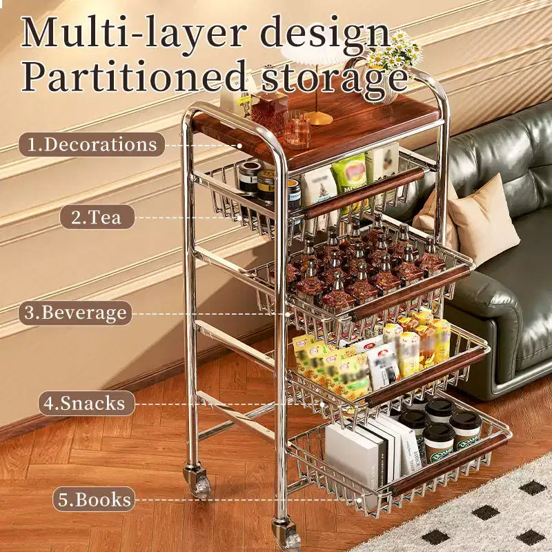 AEELLEEA Metal Rolling Kitchen Cart with Wire Baskets & Wheels, Multi-Purpose Movable Storage Trolley for Pantry, Coffee Bar, Bathroom, Office