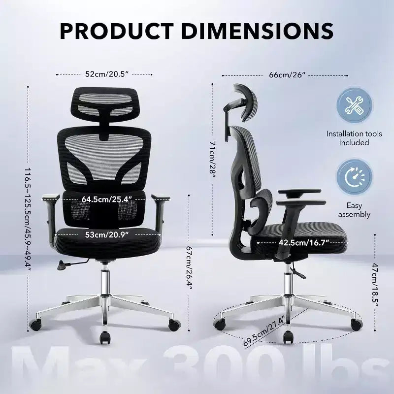 Office Chair Ergonomic Desk Chair, Mesh Chair with Adjustable Footrest Lumbar Support, High-Back Chair with Headrest Armrests, Rolling Swivel Chairs