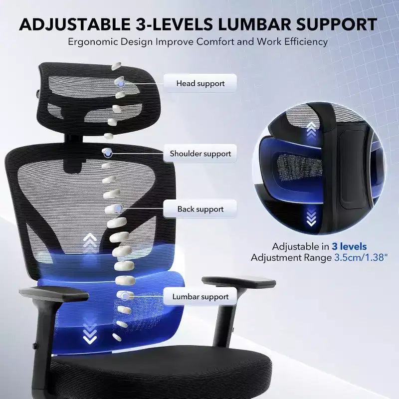 Office Chair Ergonomic Desk Chair, Mesh Chair with Adjustable Footrest Lumbar Support, High-Back Chair with Headrest Armrests, Rolling Swivel Chairs
