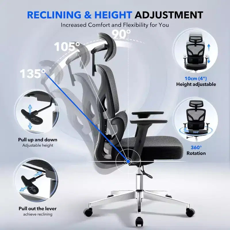 Office Chair Ergonomic Desk Chair, Mesh Chair with Adjustable Footrest Lumbar Support, High-Back Chair with Headrest Armrests, Rolling Swivel Chairs