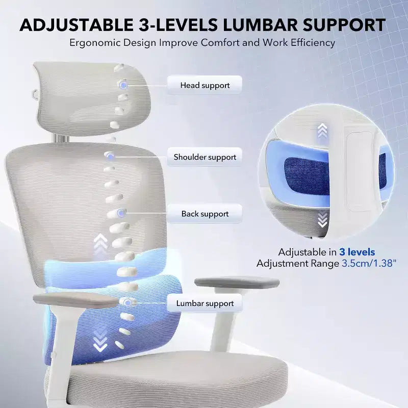 Office Chair Ergonomic Desk Chair, Mesh Chair with Adjustable Footrest Lumbar Support, High-Back Chair with Headrest Armrests, Rolling Swivel Chairs