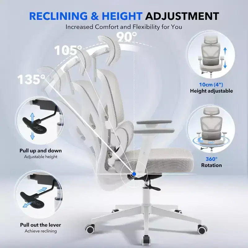 Office Chair Ergonomic Desk Chair, Mesh Chair with Adjustable Footrest Lumbar Support, High-Back Chair with Headrest Armrests, Rolling Swivel Chairs