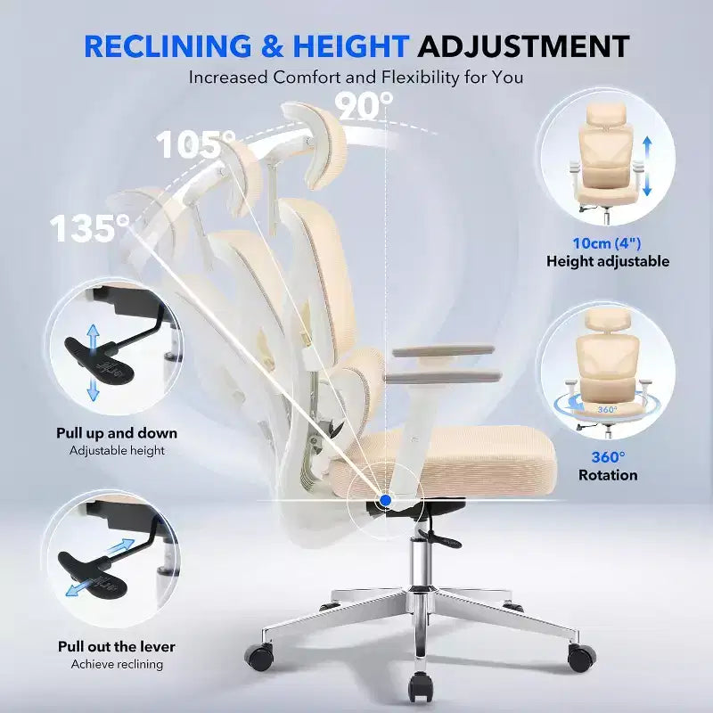 Office Chair Ergonomic Desk Chair, Mesh Chair with Adjustable Footrest Lumbar Support, High-Back Chair with Headrest Armrests, Rolling Swivel Chairs
