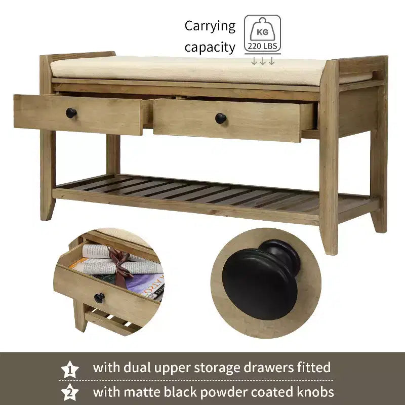 TUYOHW 39 Modern Storage Bench with Upholstered Entryway Bench with Drawers & Bottom Shelf Shoe Storage Bench Versatile Stool for Living Room
