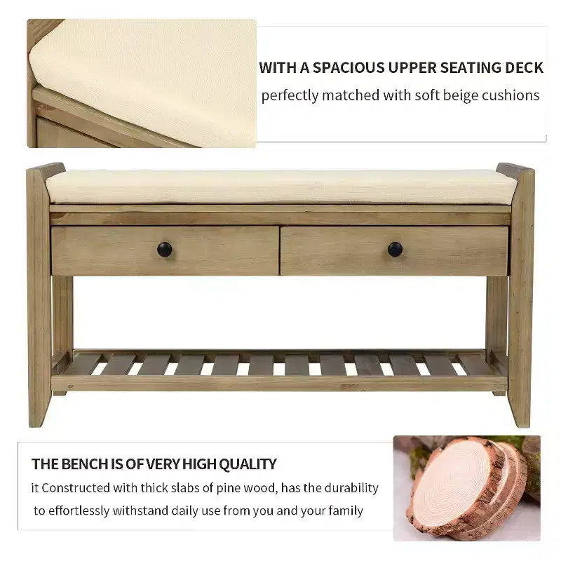TUYOHW 39 Modern Storage Bench with Upholstered Entryway Bench with Drawers & Bottom Shelf Shoe Storage Bench Versatile Stool for Living Room