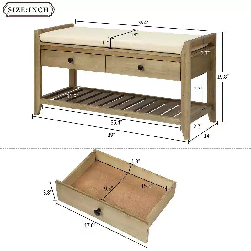 TUYOHW 39 Modern Storage Bench with Upholstered Entryway Bench with Drawers & Bottom Shelf Shoe Storage Bench Versatile Stool for Living Room