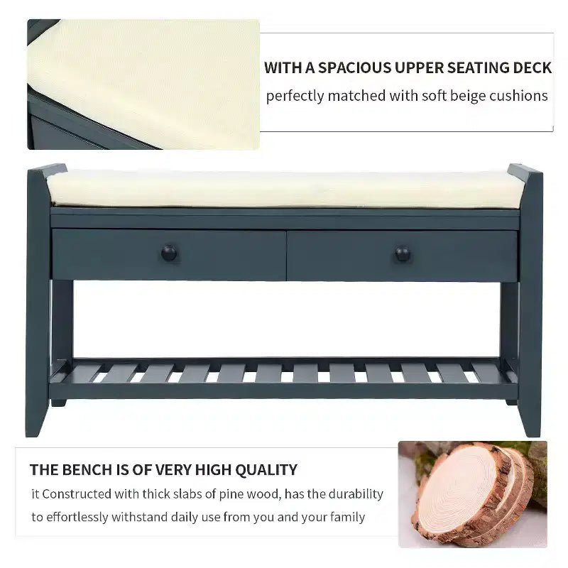 TUYOHW 39 Modern Storage Bench with Upholstered Entryway Bench with Drawers & Bottom Shelf Shoe Storage Bench Versatile Stool for Living Room