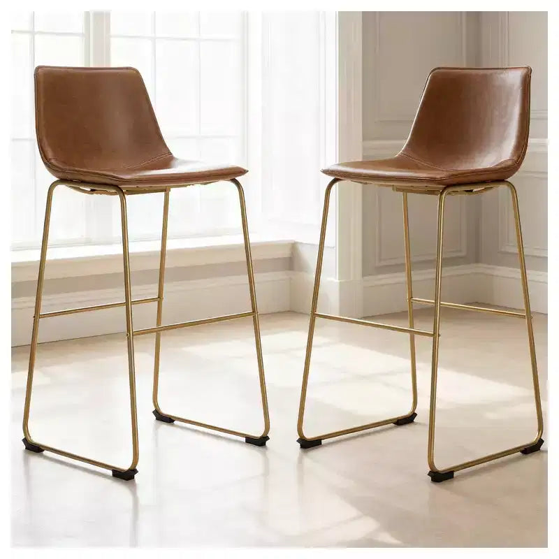Signature Design by Ashley Lexadine Bar Height Upholstered Barstools, Set of 2, Brown Faux Leather with Goldtone Metal Frame