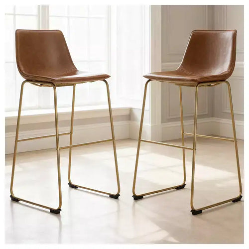 Signature Design by Ashley Lexadine Bar Height Upholstered Barstools, Set of 2, Brown Faux Leather with Goldtone Metal Frame