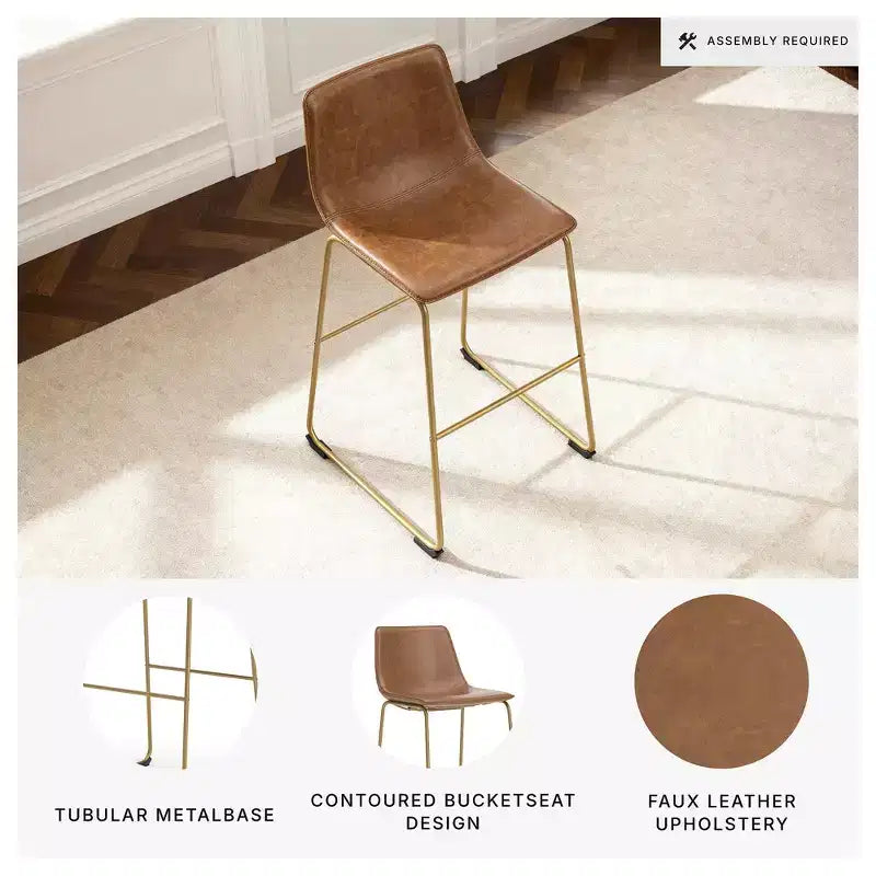 Signature Design by Ashley Lexadine Bar Height Upholstered Barstools, Set of 2, Brown Faux Leather with Goldtone Metal Frame