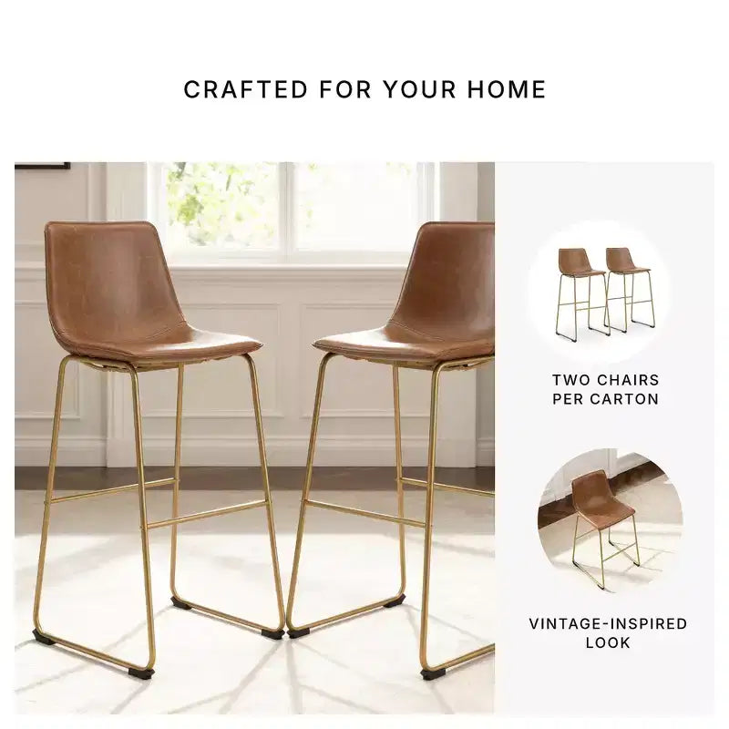 Signature Design by Ashley Lexadine Bar Height Upholstered Barstools, Set of 2, Brown Faux Leather with Goldtone Metal Frame
