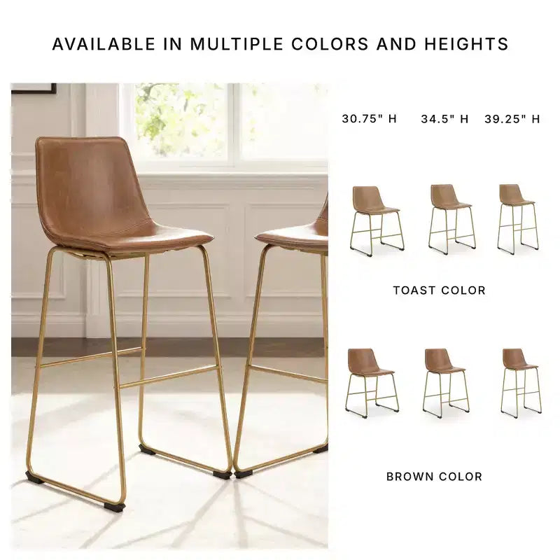 Signature Design by Ashley Lexadine Bar Height Upholstered Barstools, Set of 2, Brown Faux Leather with Goldtone Metal Frame