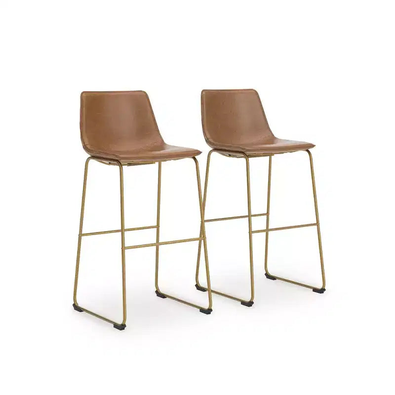 Signature Design by Ashley Lexadine Bar Height Upholstered Barstools, Set of 2, Brown Faux Leather with Goldtone Metal Frame