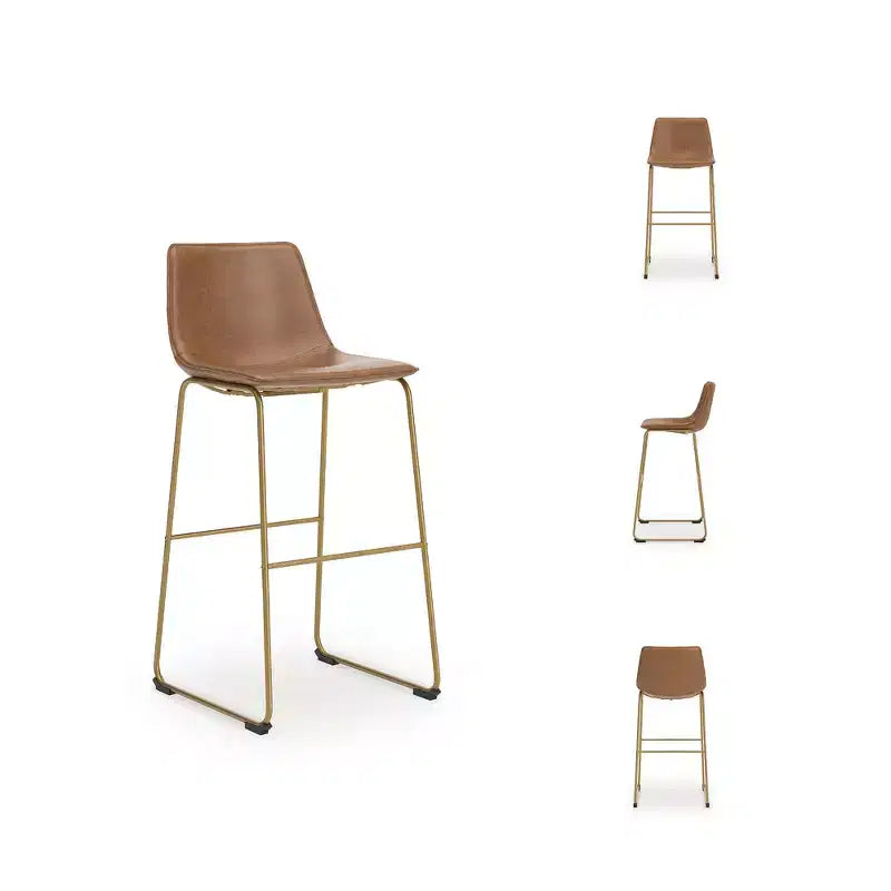 Signature Design by Ashley Lexadine Bar Height Upholstered Barstools, Set of 2, Brown Faux Leather with Goldtone Metal Frame