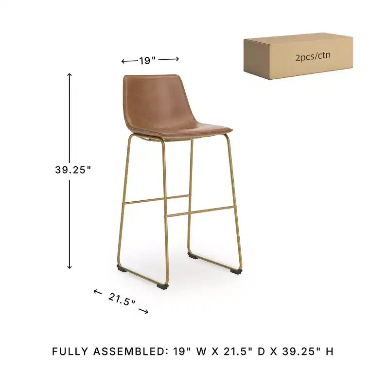 Signature Design by Ashley Lexadine Bar Height Upholstered Barstools, Set of 2, Brown Faux Leather with Goldtone Metal Frame