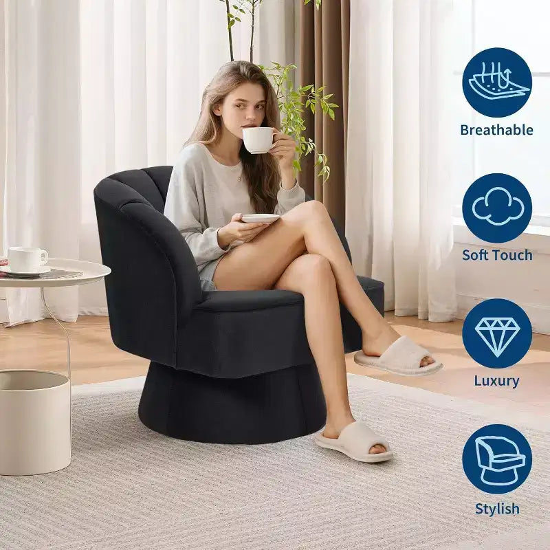 2 Pcs Modern Swivel Barrel Accent Chair, 360 Rotating Upholstered Armchair with Striped Backrest & Plush Padding for Home Office