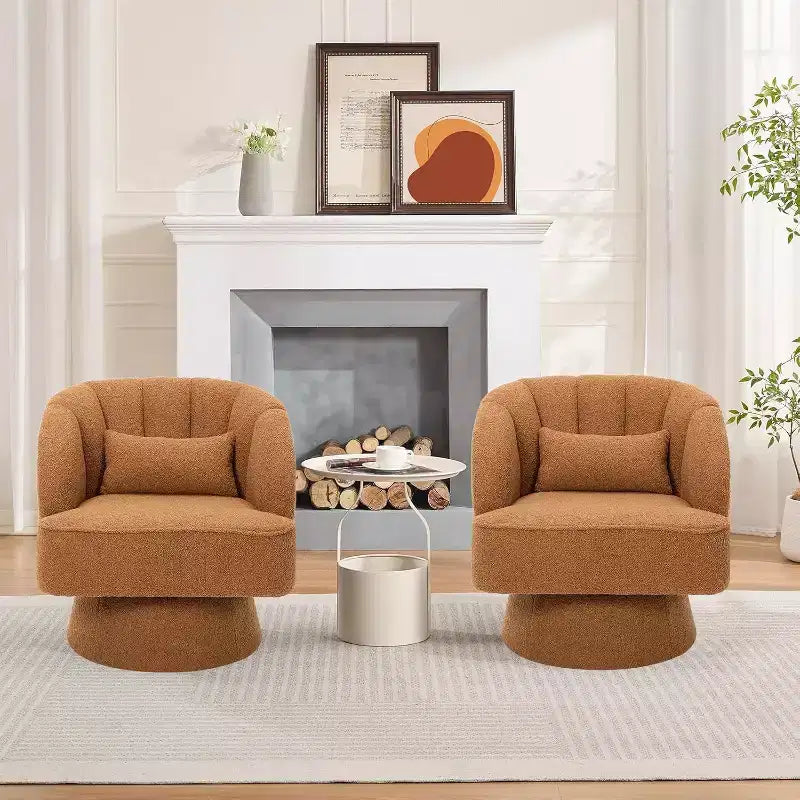 2 Pcs Modern Swivel Barrel Accent Chair, 360 Rotating Upholstered Armchair with Striped Backrest & Plush Padding for Home Office