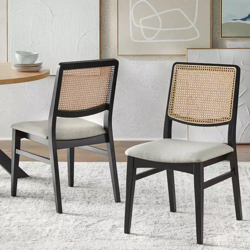 Lifestorey Set of 2 Gilcrest Modern Cane Back Dining Chairs Black/Natural: Mid-Century Modern, Rubberwood Frame, Gray Upholstery