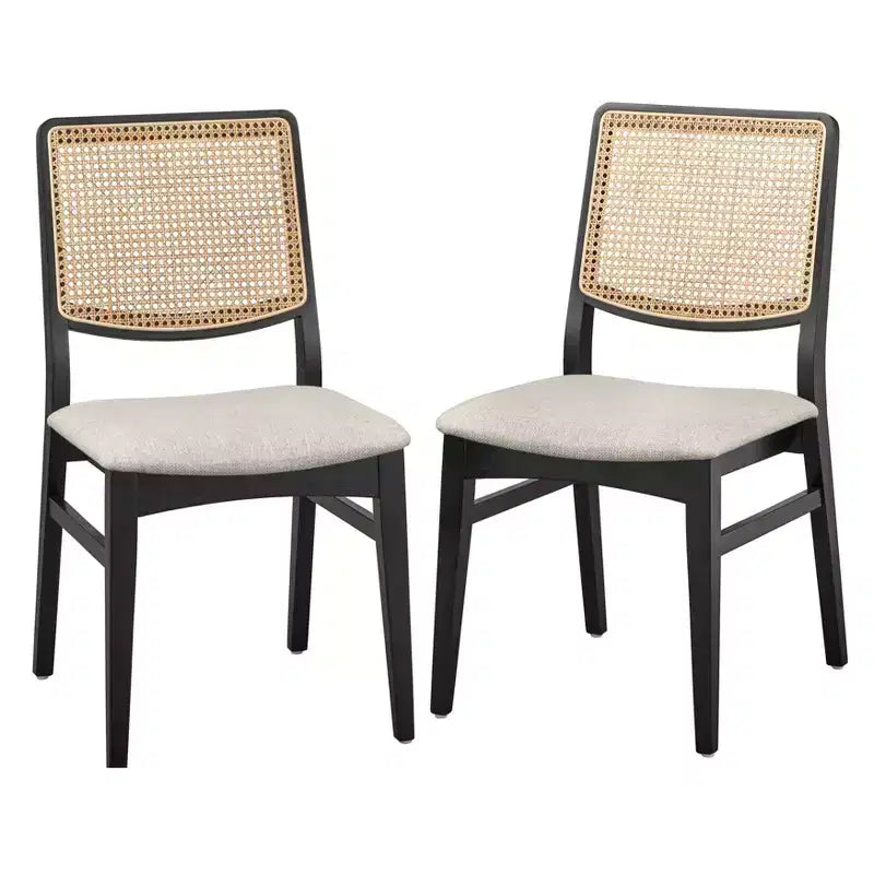 Lifestorey Set of 2 Gilcrest Modern Cane Back Dining Chairs Black/Natural: Mid-Century Modern, Rubberwood Frame, Gray Upholstery