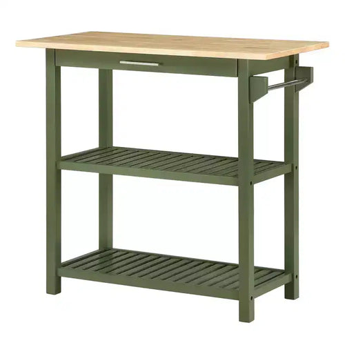 Breighton Home Designs2Go 3 Tier Butcher Block Kitchen Prep Island with Drawer in Dark Sage Green/Butcher Block