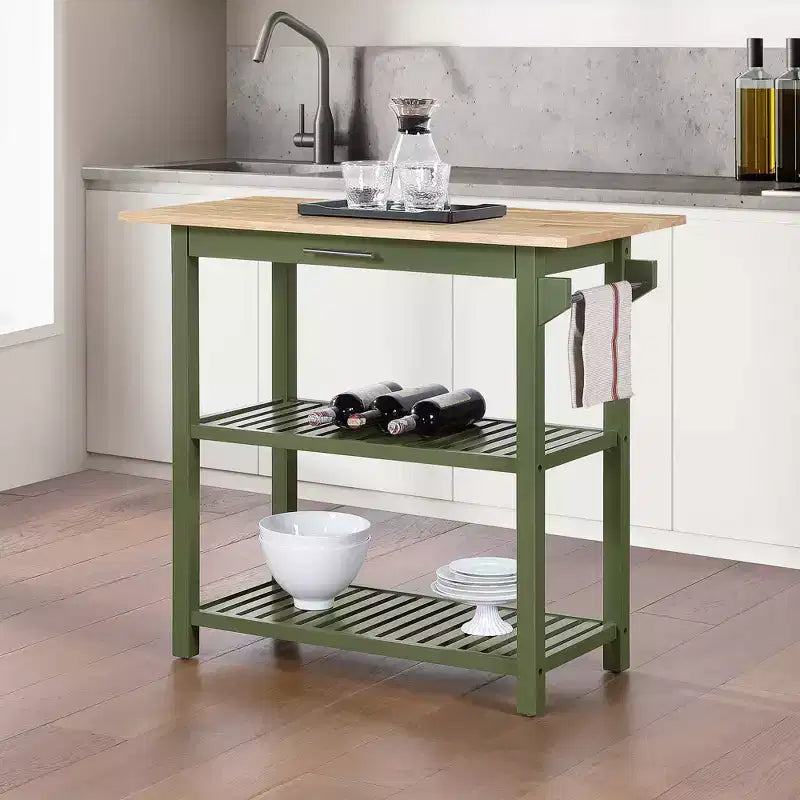 Breighton Home Designs2Go 3 Tier Butcher Block Kitchen Prep Island with Drawer in Dark Sage Green/Butcher Block