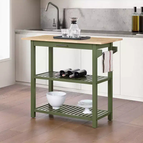 Breighton Home Designs2Go 3 Tier Butcher Block Kitchen Prep Island with Drawer in Dark Sage Green/Butcher Block