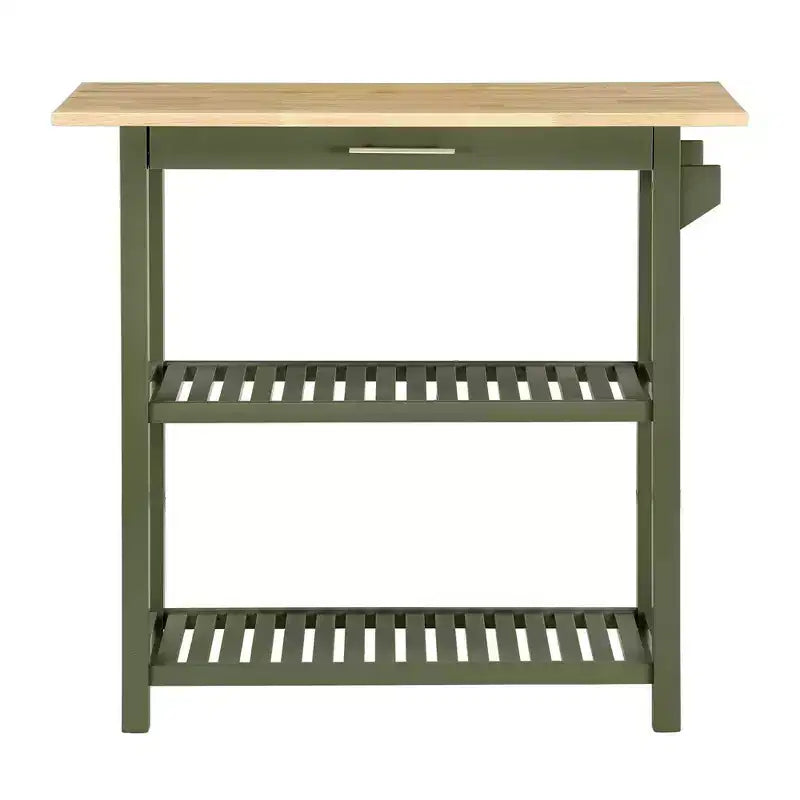 Breighton Home Designs2Go 3 Tier Butcher Block Kitchen Prep Island with Drawer in Dark Sage Green/Butcher Block