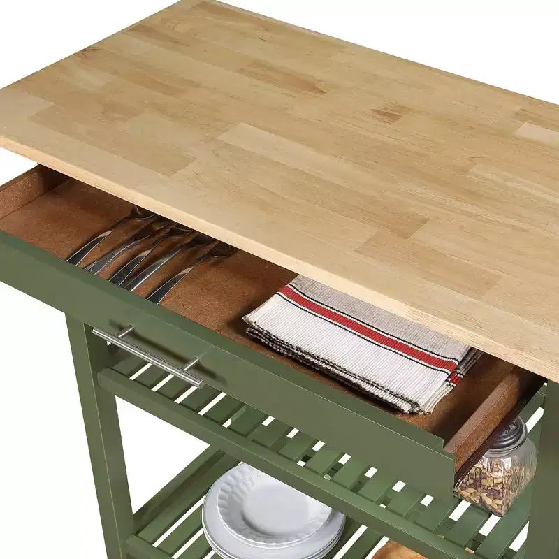 Breighton Home Designs2Go 3 Tier Butcher Block Kitchen Prep Island with Drawer in Dark Sage Green/Butcher Block