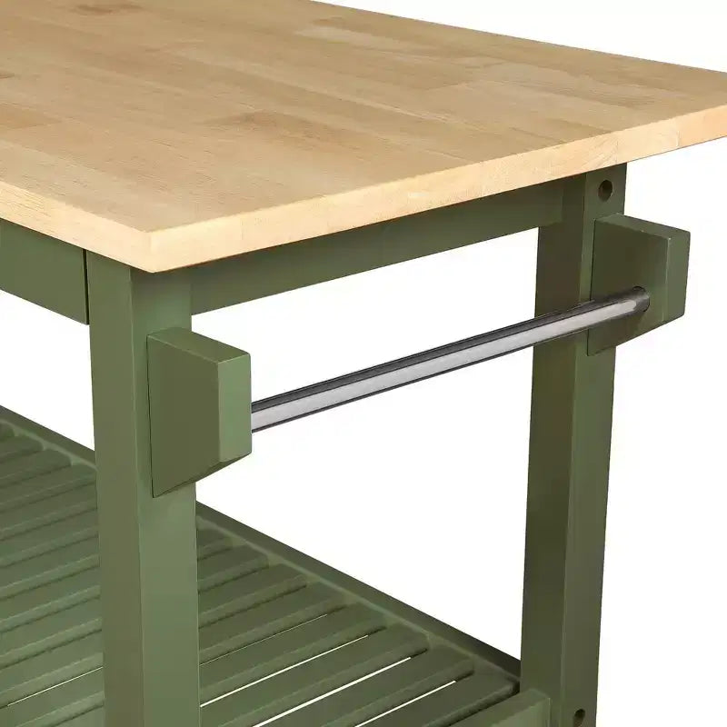 Breighton Home Designs2Go 3 Tier Butcher Block Kitchen Prep Island with Drawer in Dark Sage Green/Butcher Block