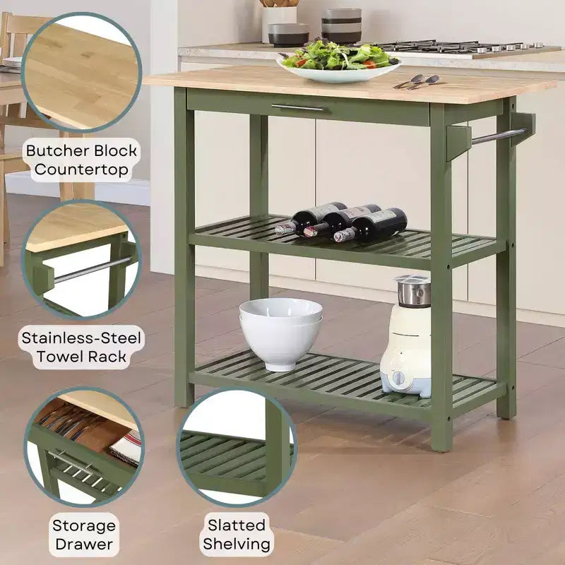 Breighton Home Designs2Go 3 Tier Butcher Block Kitchen Prep Island with Drawer in Dark Sage Green/Butcher Block