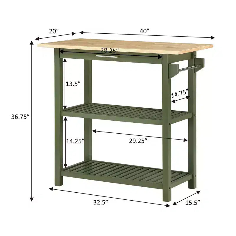 Breighton Home Designs2Go 3 Tier Butcher Block Kitchen Prep Island with Drawer in Dark Sage Green/Butcher Block