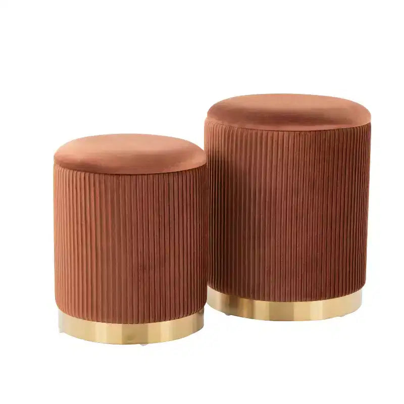 LumiSource Marla Nesting Pleated Ottoman Set Gold/Light Brown Velvet