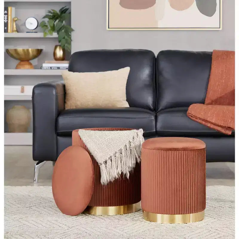 LumiSource Marla Nesting Pleated Ottoman Set Gold/Light Brown Velvet
