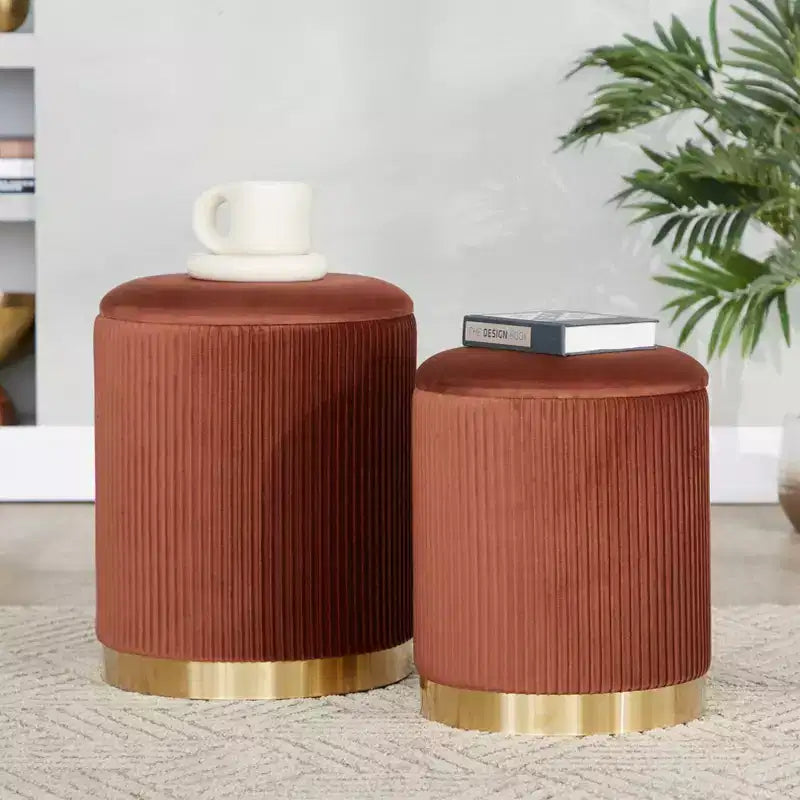 LumiSource Marla Nesting Pleated Ottoman Set Gold/Light Brown Velvet