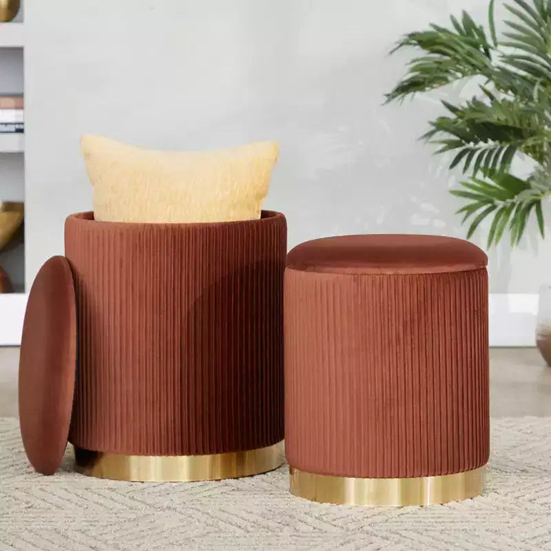 LumiSource Marla Nesting Pleated Ottoman Set Gold/Light Brown Velvet