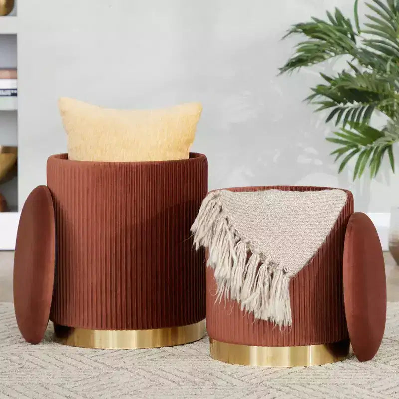 LumiSource Marla Nesting Pleated Ottoman Set Gold/Light Brown Velvet