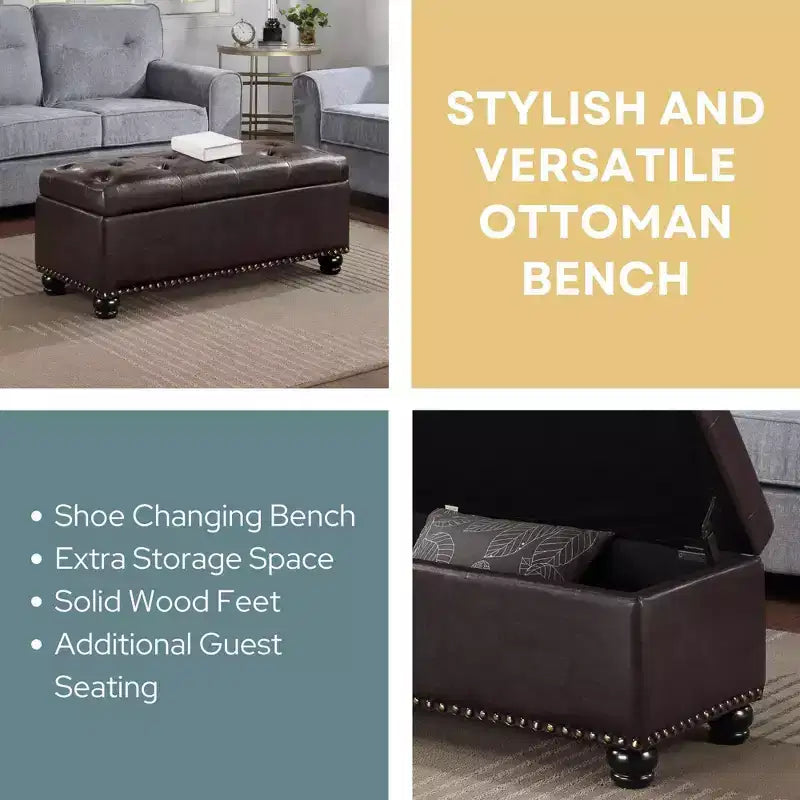 Breighton Home Designs4Comfort 9th Avenue Storage Ottoman Bench in Espresso Faux Leather