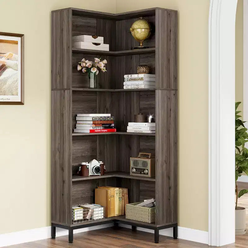 LITTLE TREE 70.86" 6 Tier Tall Corner Etagere Bookcase Gray/Black