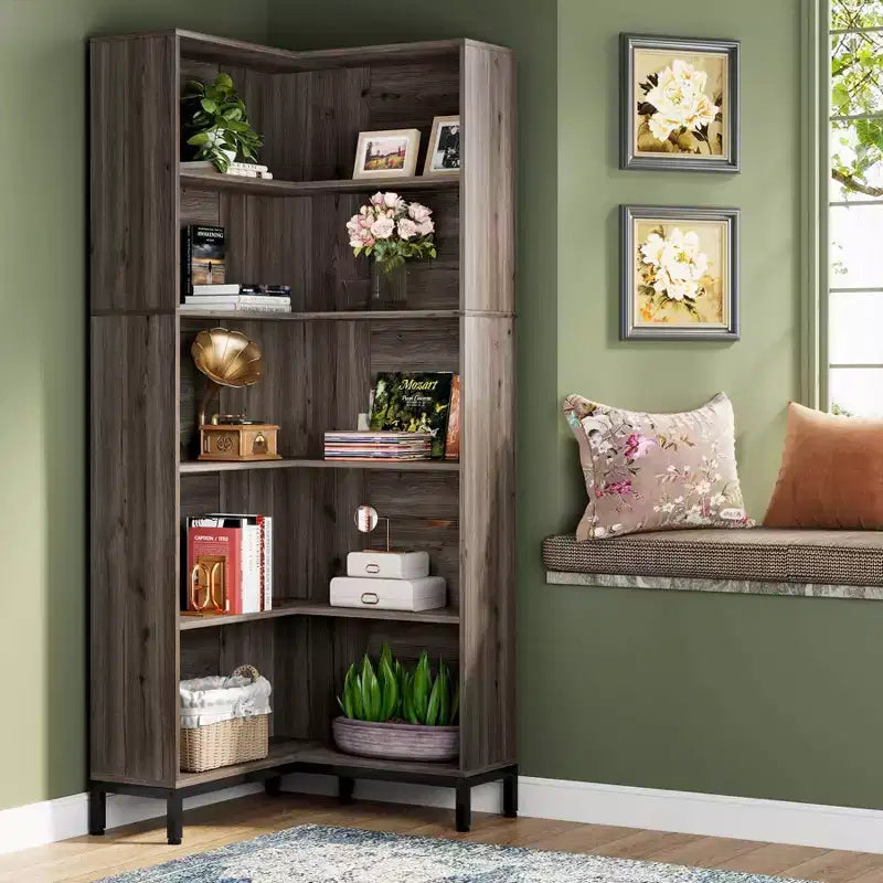 LITTLE TREE 70.86" 6 Tier Tall Corner Etagere Bookcase Gray/Black