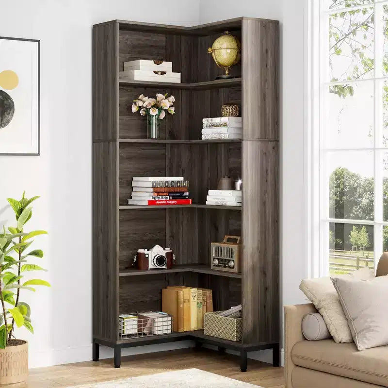 LITTLE TREE 70.86" 6 Tier Tall Corner Etagere Bookcase Gray/Black
