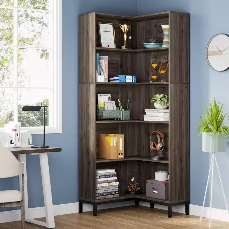 LITTLE TREE 70.86" 6 Tier Tall Corner Etagere Bookcase Gray/Black