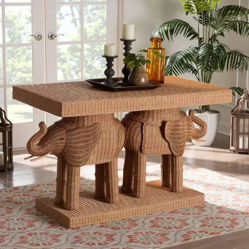 bali & pari Elissa Rattan Elephant Console Table Light Honey