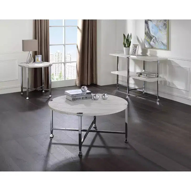 Acme Furniture Brecon Coffee Tables White Oak/Chrome Finish