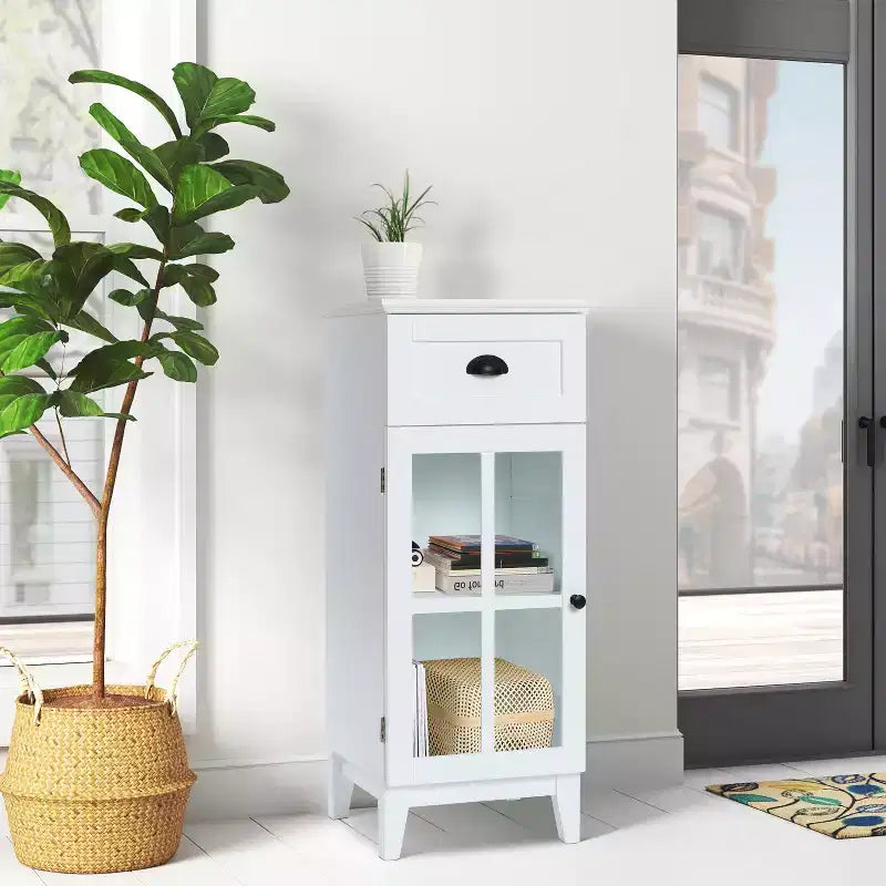 LuxenHome White MDF Wood Slim Bathroom Storage Cabinet