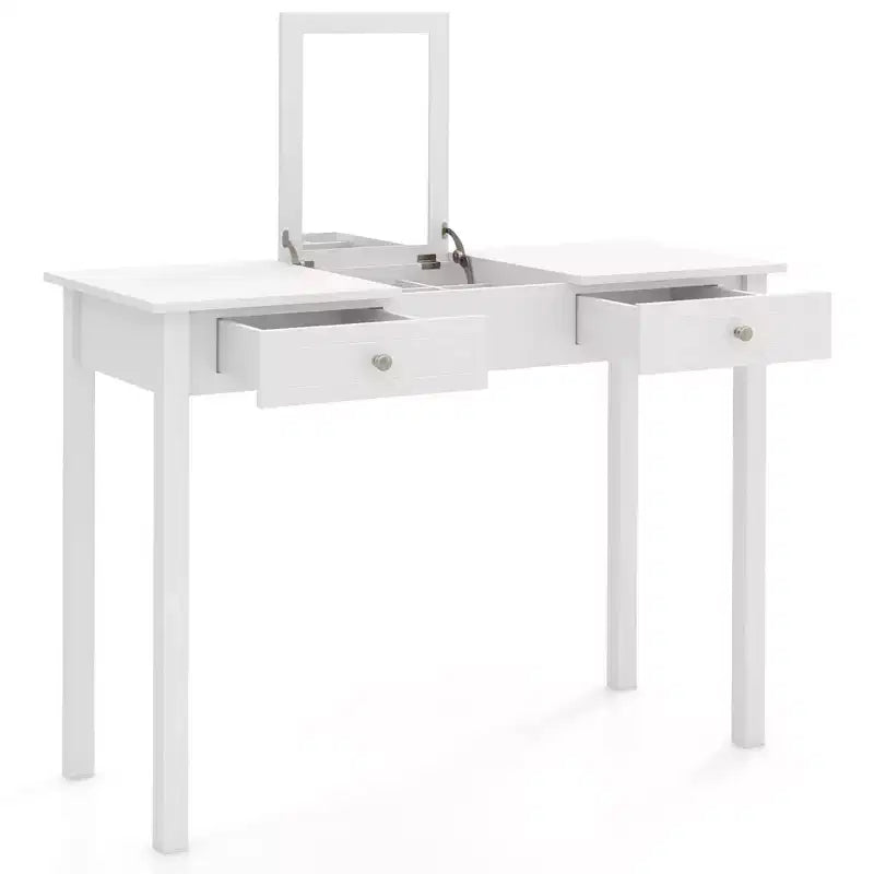 Costway 2-In-1 Vanity Table with Flip-Top Mirror 2 Drawers 9-Slot Storage Compartment White