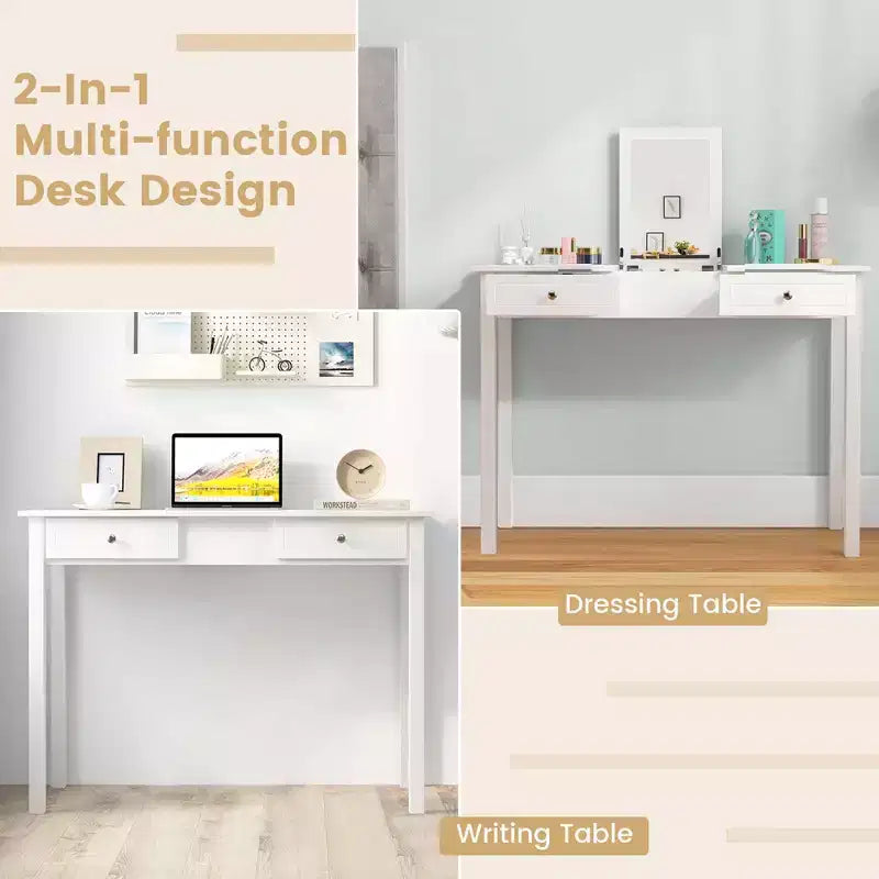 Costway 2-In-1 Vanity Table with Flip-Top Mirror 2 Drawers 9-Slot Storage Compartment White
